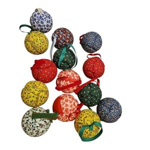 Vintage Handmade Fabric Christmas Ornaments Lot 14 Quilted Puff Ball 3 Inch Holi